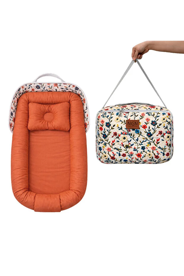 Çantalı Babynest Bebek Çantası Taşınabilir Anne Yanı Yatağı Yaz Serisi Çiçekli Çantalı Baby Nest